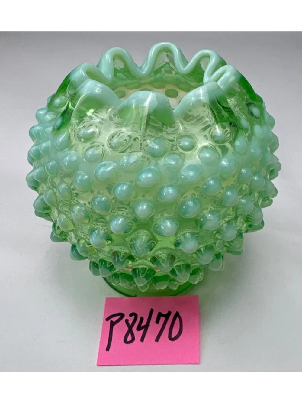 Fenton Green Opalescent Hobnail Vase Ruffled Edge Vintage Elegant Collectible De